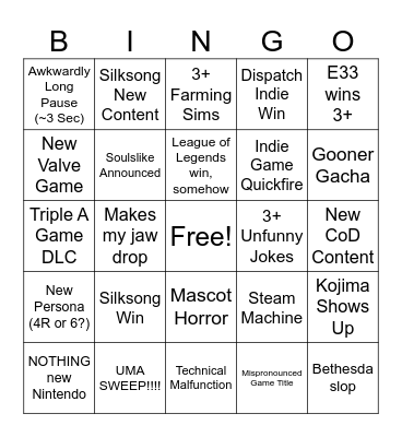 Game Awards 2025 Bingo Card