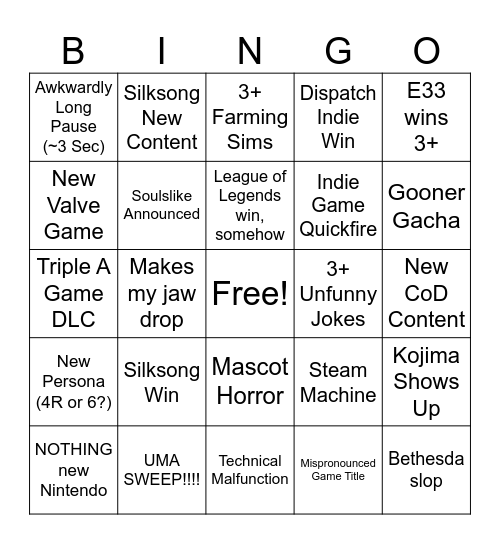 Game Awards 2025 Bingo Card