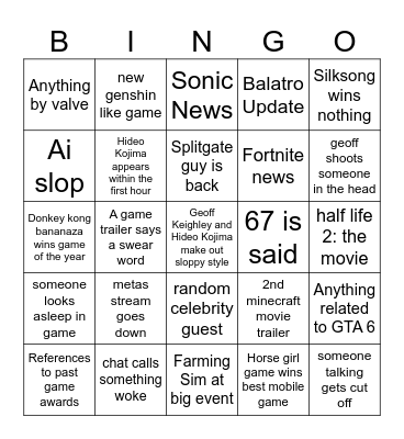 Game Awards Bingo Card