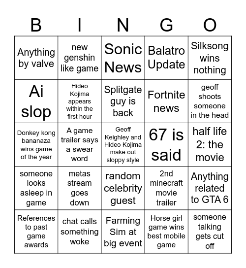 Game Awards Bingo Card