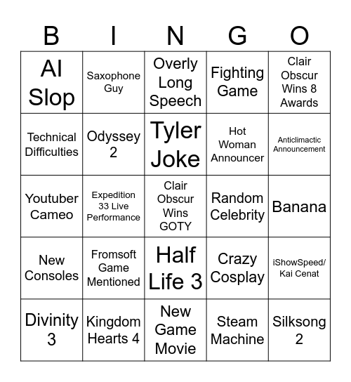 Game Awards Bingo Card