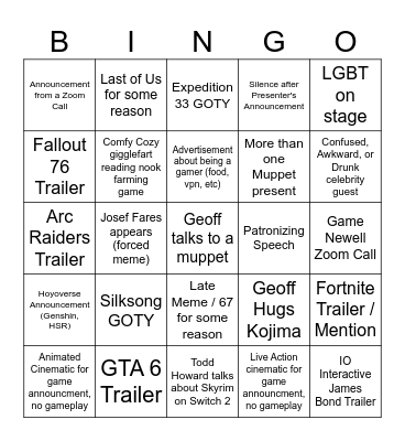 The Game Awards 2025 Bingo Card