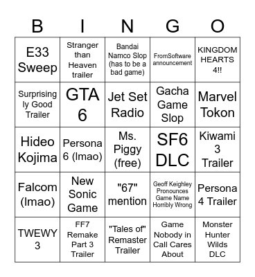 Game Awards Bingo Card