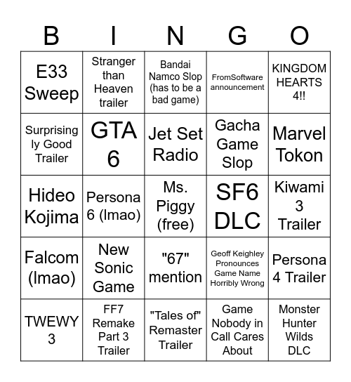 Game Awards Bingo Card