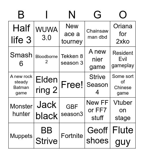 Game awards Bingo Card