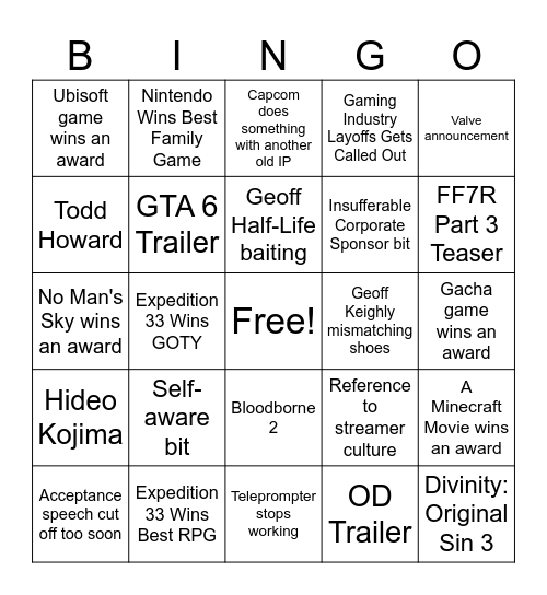 The Game Awards 2025 Bingo Card