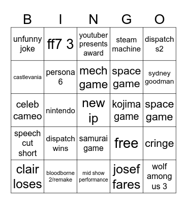 game awards 2025 Bingo Card