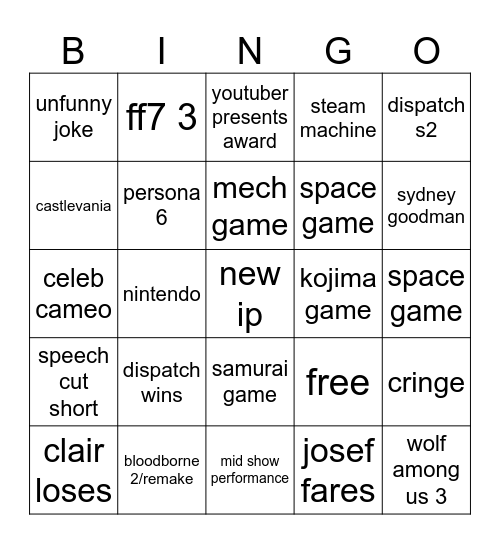 game awards 2025 Bingo Card