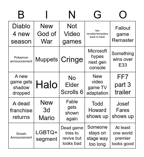 Game Awards 2025 Bingo Card