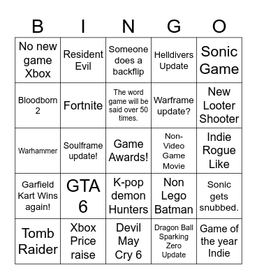 Game Awards Bingo Card
