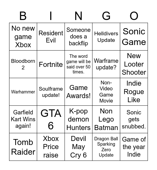 Game Awards Bingo Card