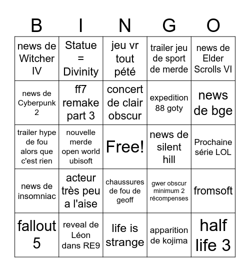 game awards 2025 Bingo Card