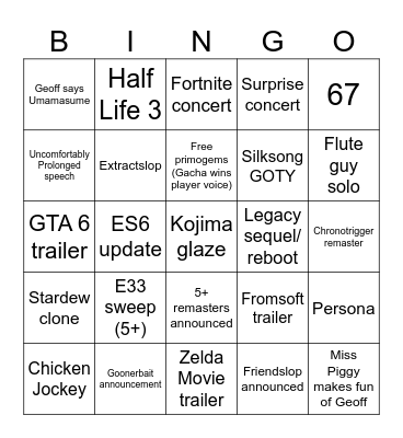 Game Awards 2025 Bingo Card
