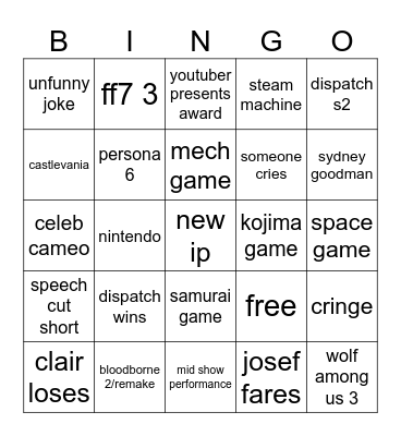 game awards 2025 Bingo Card