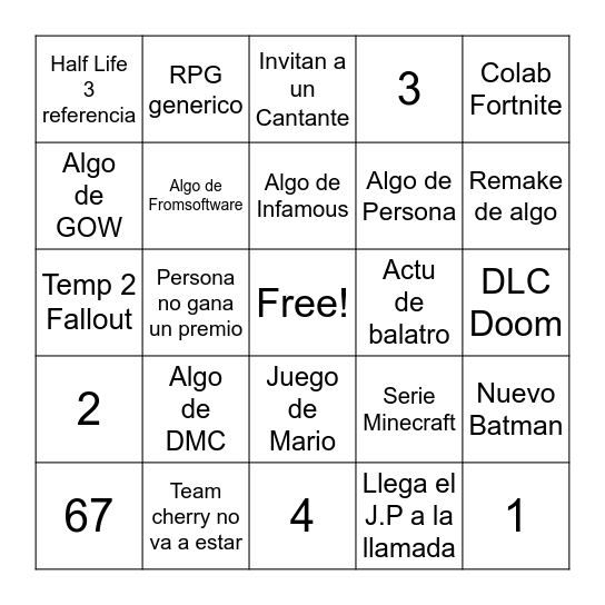 Games Awards 2025 Bingo Card