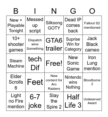 Game Awards 2025 Bingo Card
