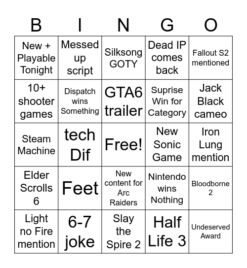 Game Awards 2025 Bingo Card