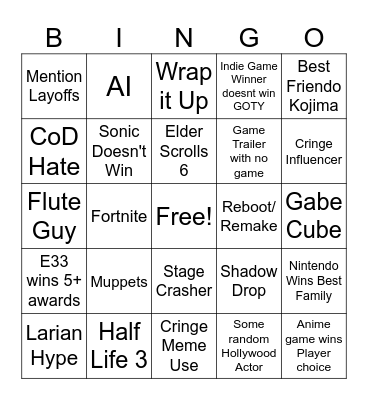 Game Awards 2025 Bingo Card