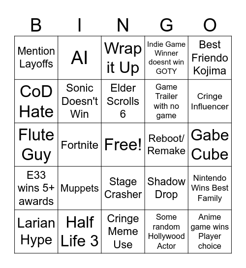Game Awards 2025 Bingo Card