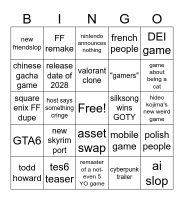 game awards Bingo Card
