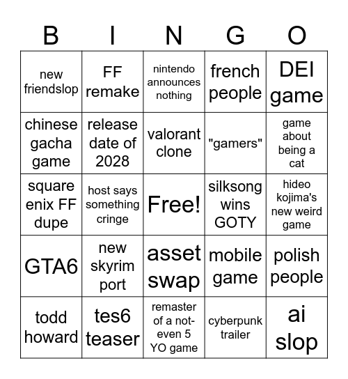 game awards Bingo Card