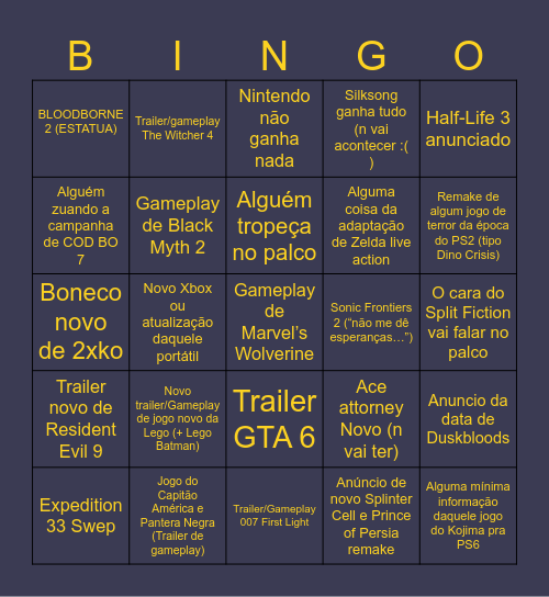 TGA 2025 PORRA Bingo Card