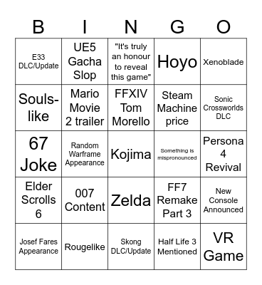 Game Awards Bingo Card