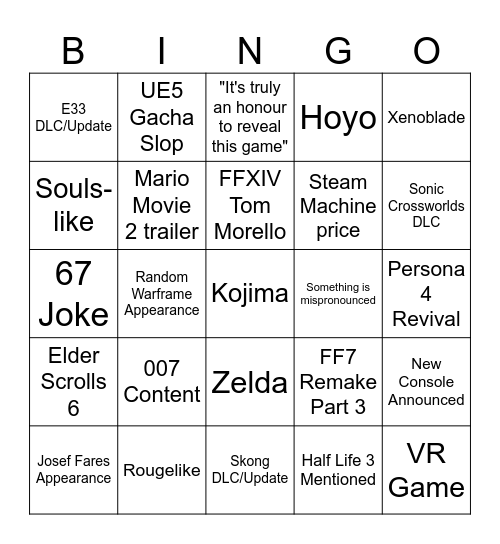 Game Awards Bingo Card