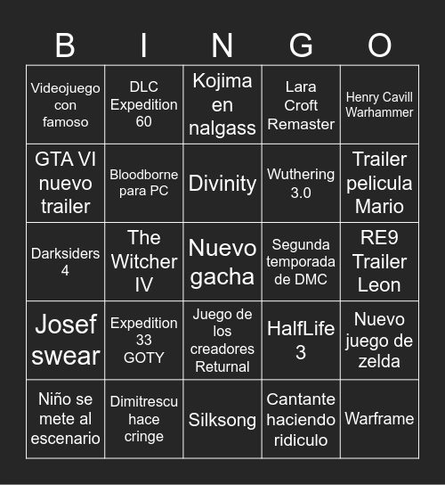 The Game Awards 2025 Bingo Card