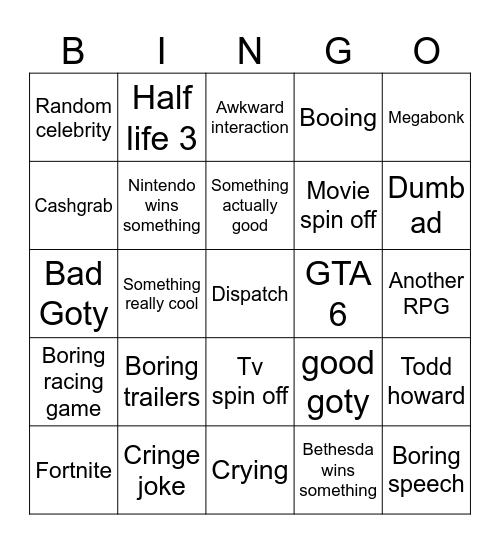 Game awards Bingo Card
