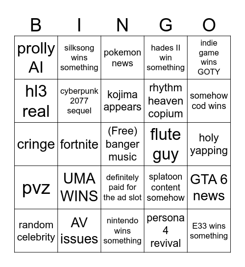GAME AWARDS Bingo Card