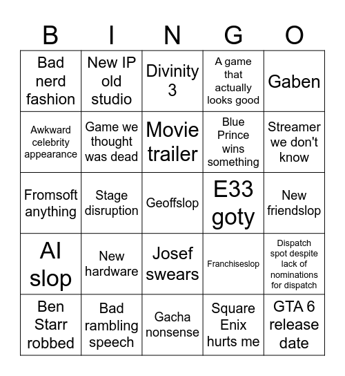 game awards Bingo Card