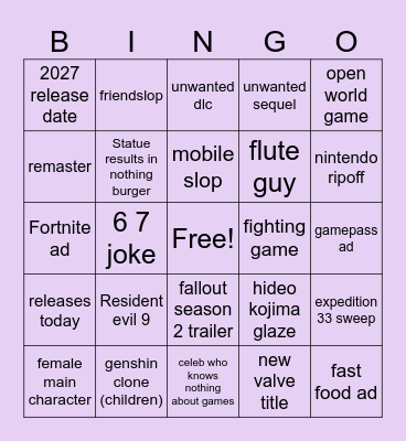 Slop of the year Bingo Card