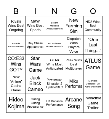 Game Awards Bingo Card