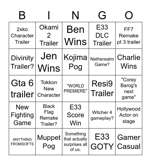 Game Awards Bingo Card