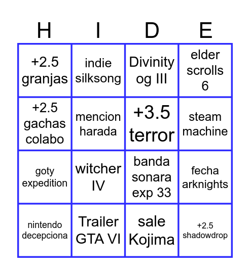 Bingo de los Game Awards Bingo Card