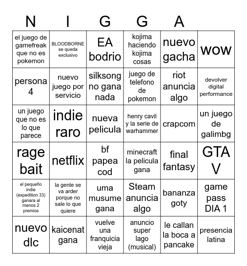 GOTY Bingo Card