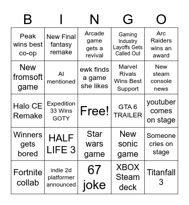 The Game Awards 2025 Bingo Card