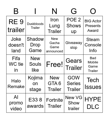 Game Awards 2025 Bingo Card