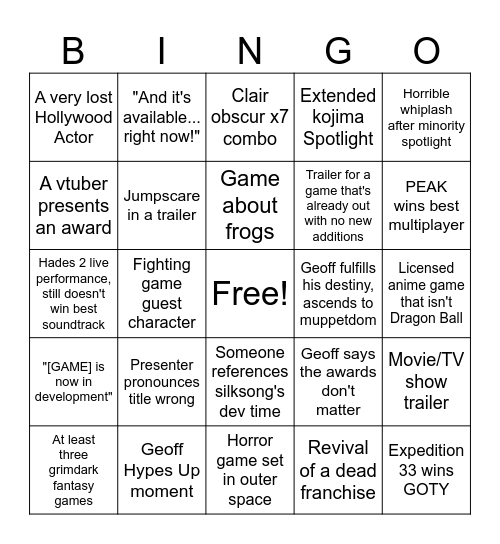 Game Awards Bingo Card