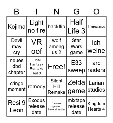 Game Awards 2025 Bingo Card