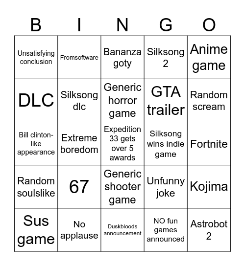 GOTY Bingo Card
