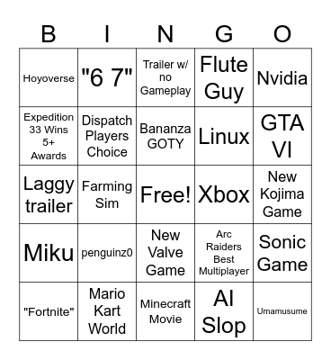 Game Awards 2025 Bingo Card