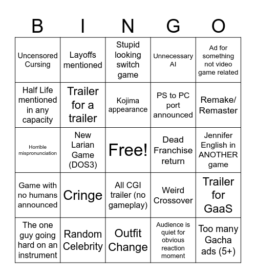 TGA 2025 Bingo Card