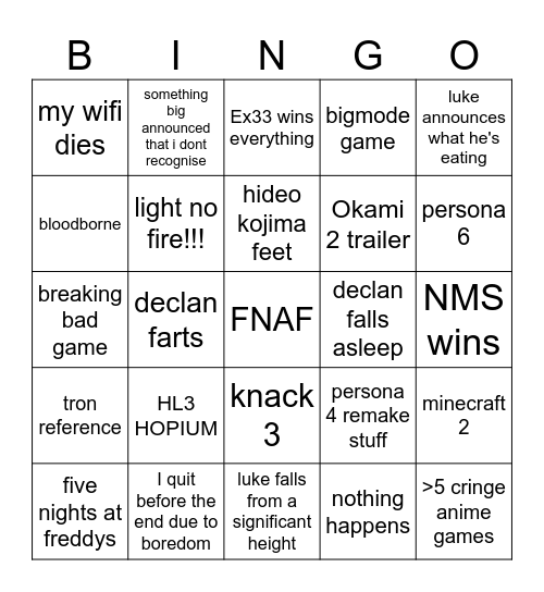game awards 25 Bingo Card