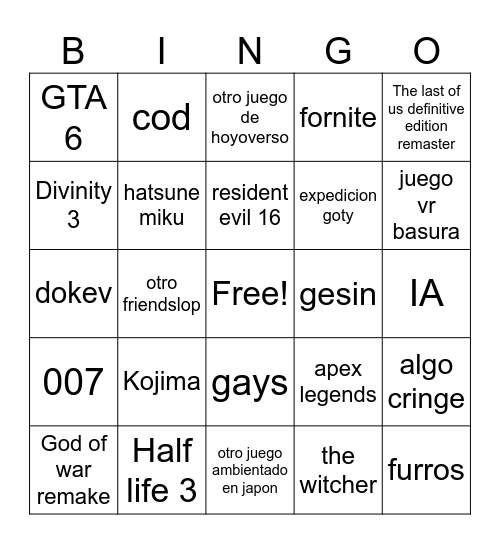 game awards Bingo Card