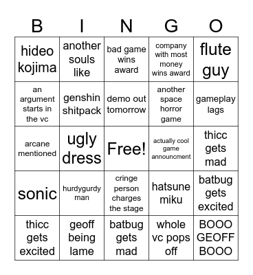 game awards Bingo Card
