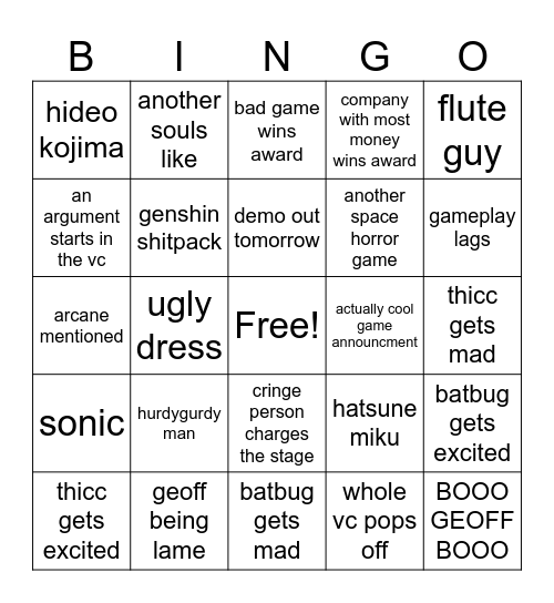 game awards Bingo Card