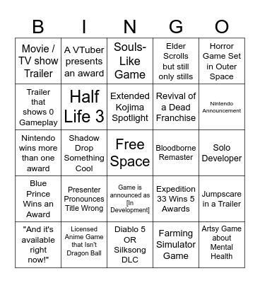 Game Awards 2025 Bingo Card