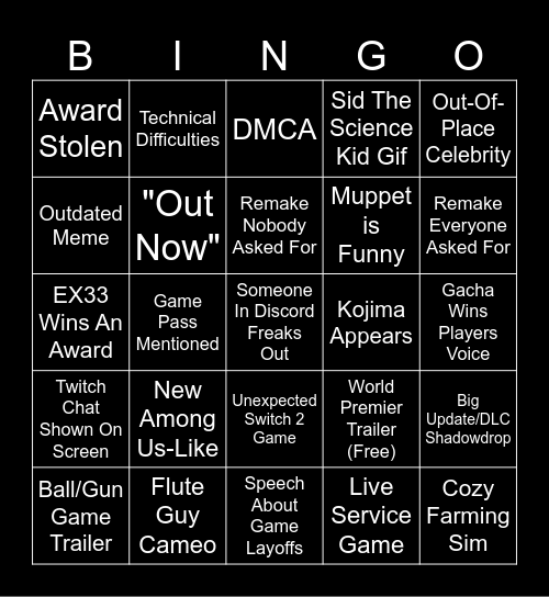 GAME AWARDS 2025 Bingo Card